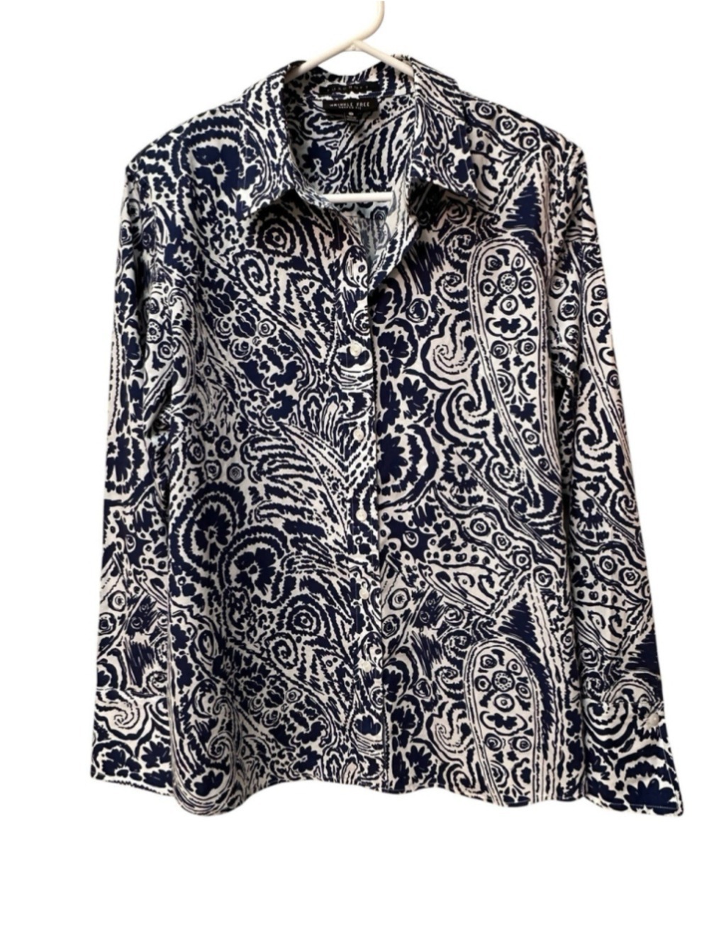 Foxcroft Chic Button-down Blouse Womens 14 Blue White Eclectic Floral Art Summer - Picture 4 of 17